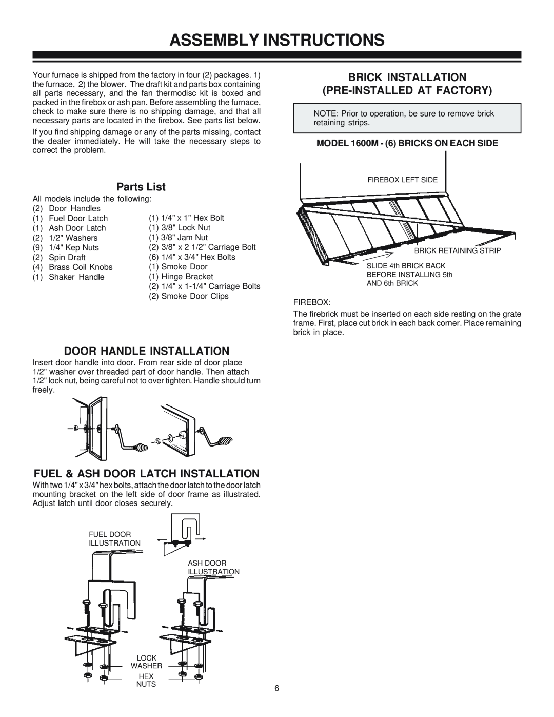 United States Stove 1600M Assembly Instructions, Parts List, Door Handle Installation, Fuel & Ash Door Latch Installation 