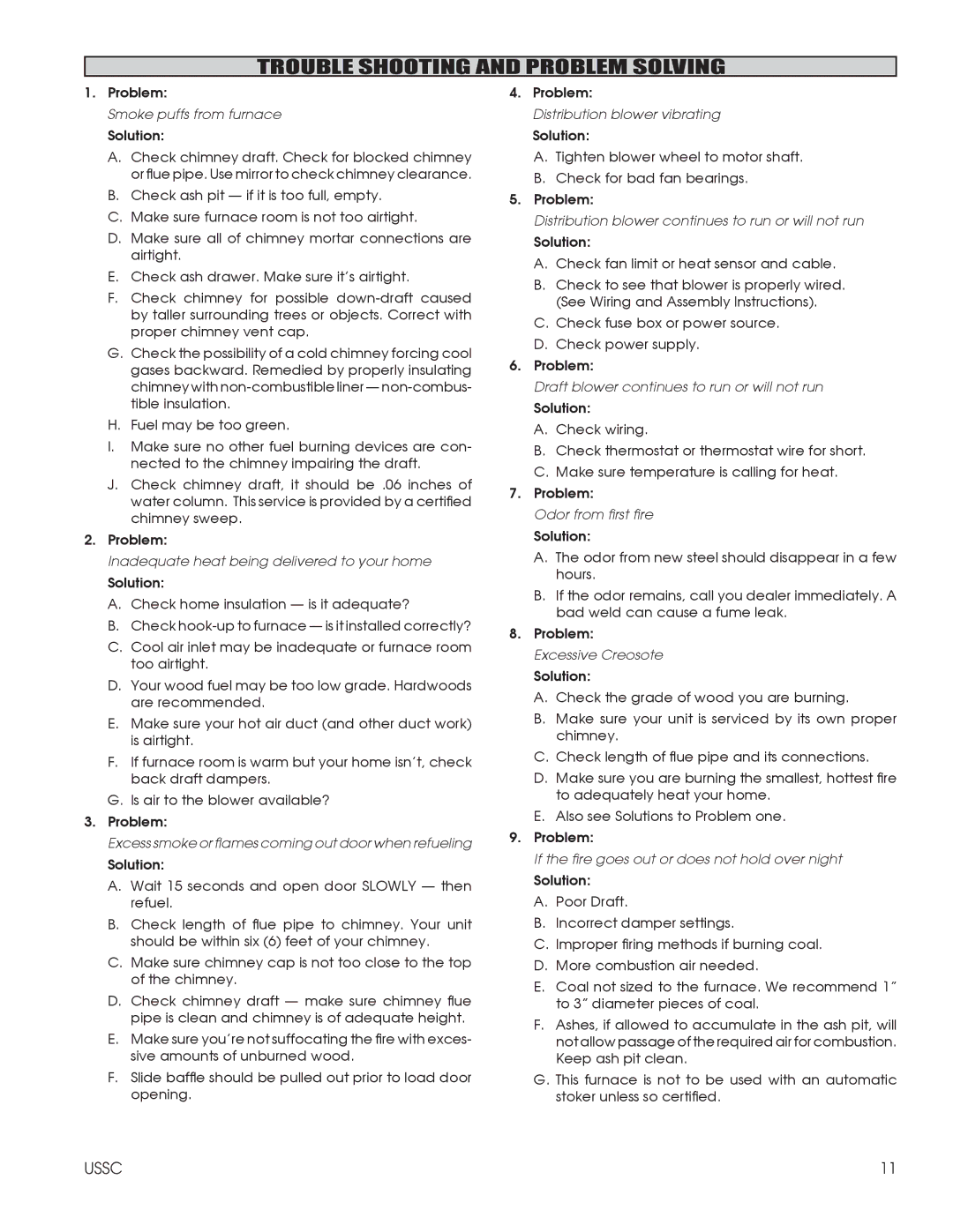 United States Stove 1602M installation instructions Trouble Shooting and Problem Solving, Solution 