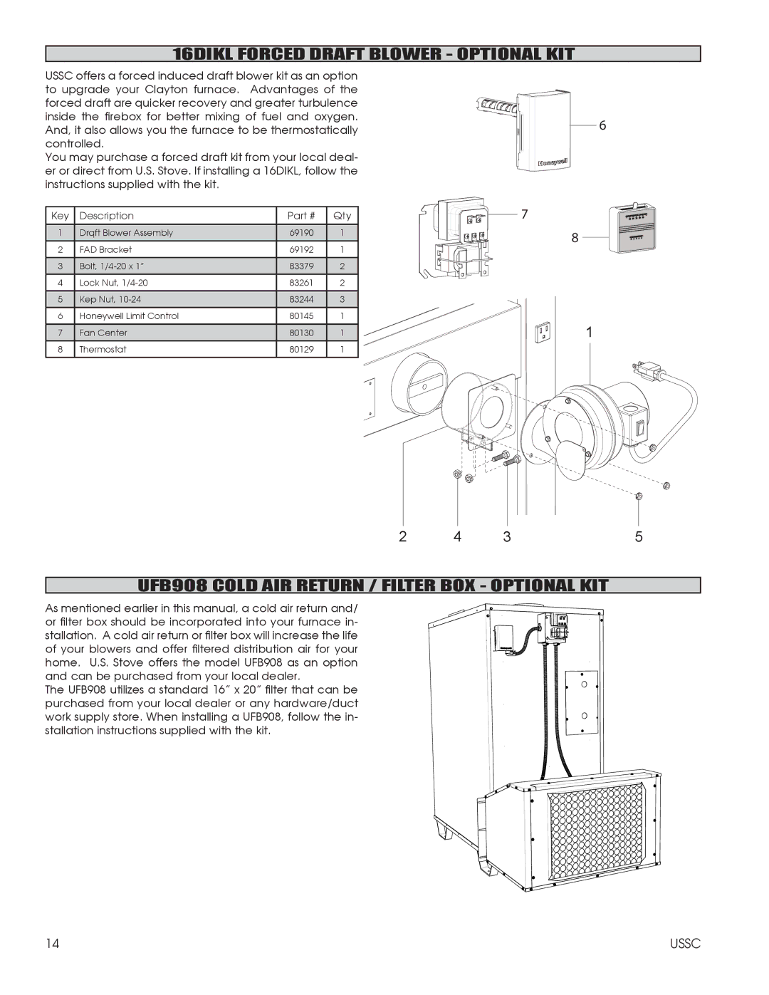 United States Stove 1602M 16DIKL Forced Draft Blower Optional KIT, UFB908 Cold AIR Return / Filter BOX Optional KIT 