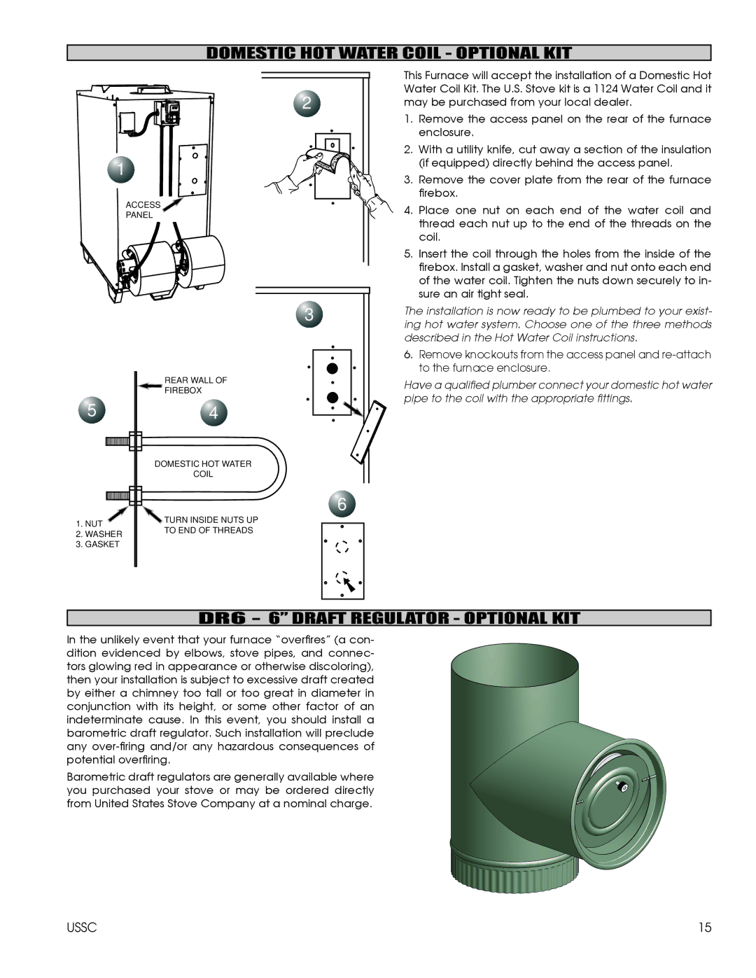 United States Stove 1602M Domestic HOT Water Coil Optional KIT, DR6 6 Draft Regulator Optional KIT 