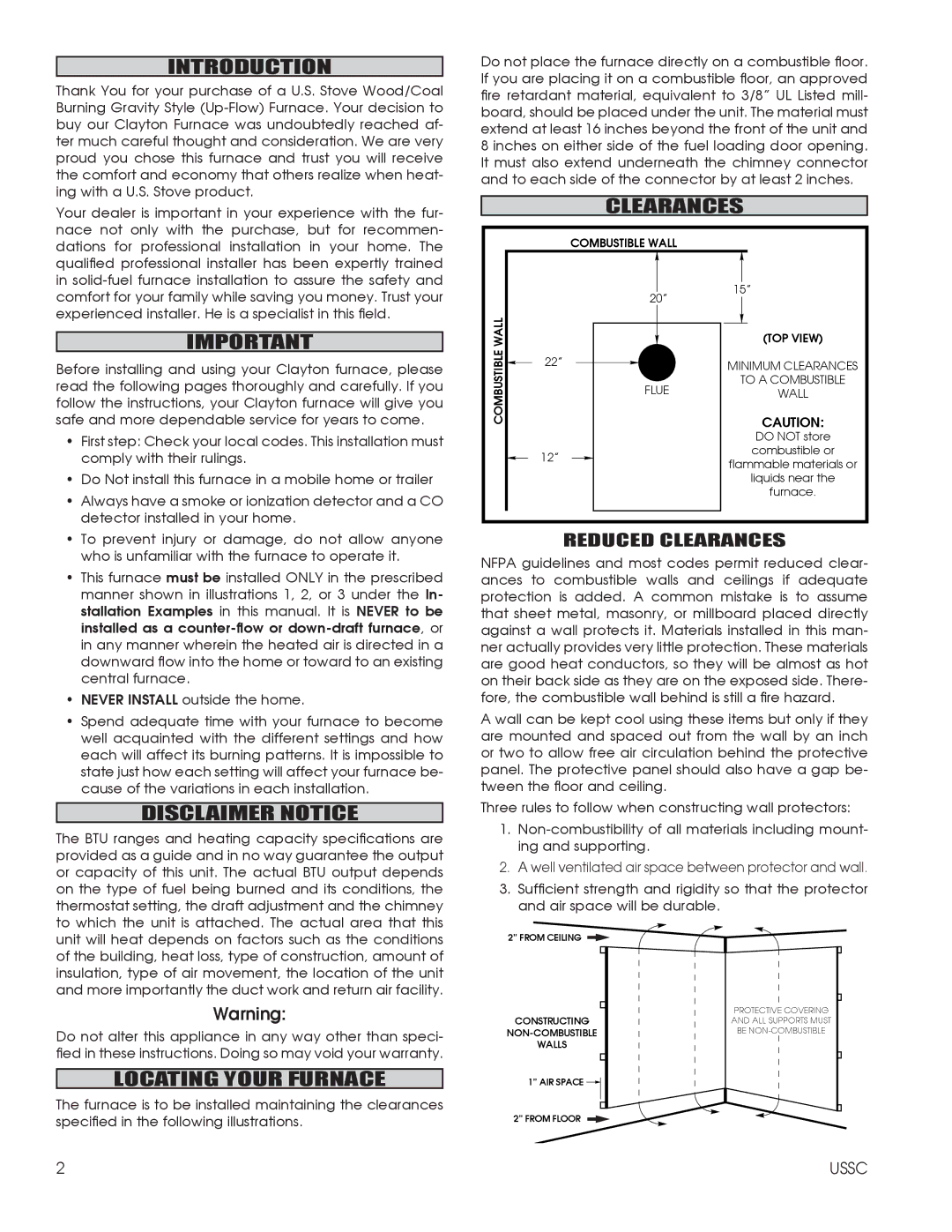 United States Stove 1602M installation instructions Introduction, Disclaimer Notice, Clearances, Locating Your Furnace 