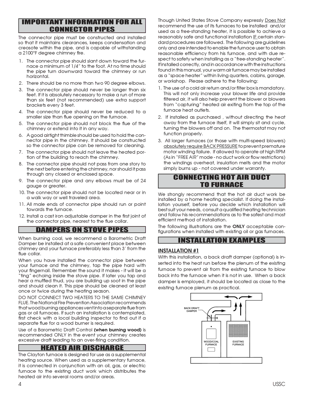 United States Stove 1602M Important Information for ALL Connector Pipes, Dampers on Stove Pipes, Heated AIR Discharge 