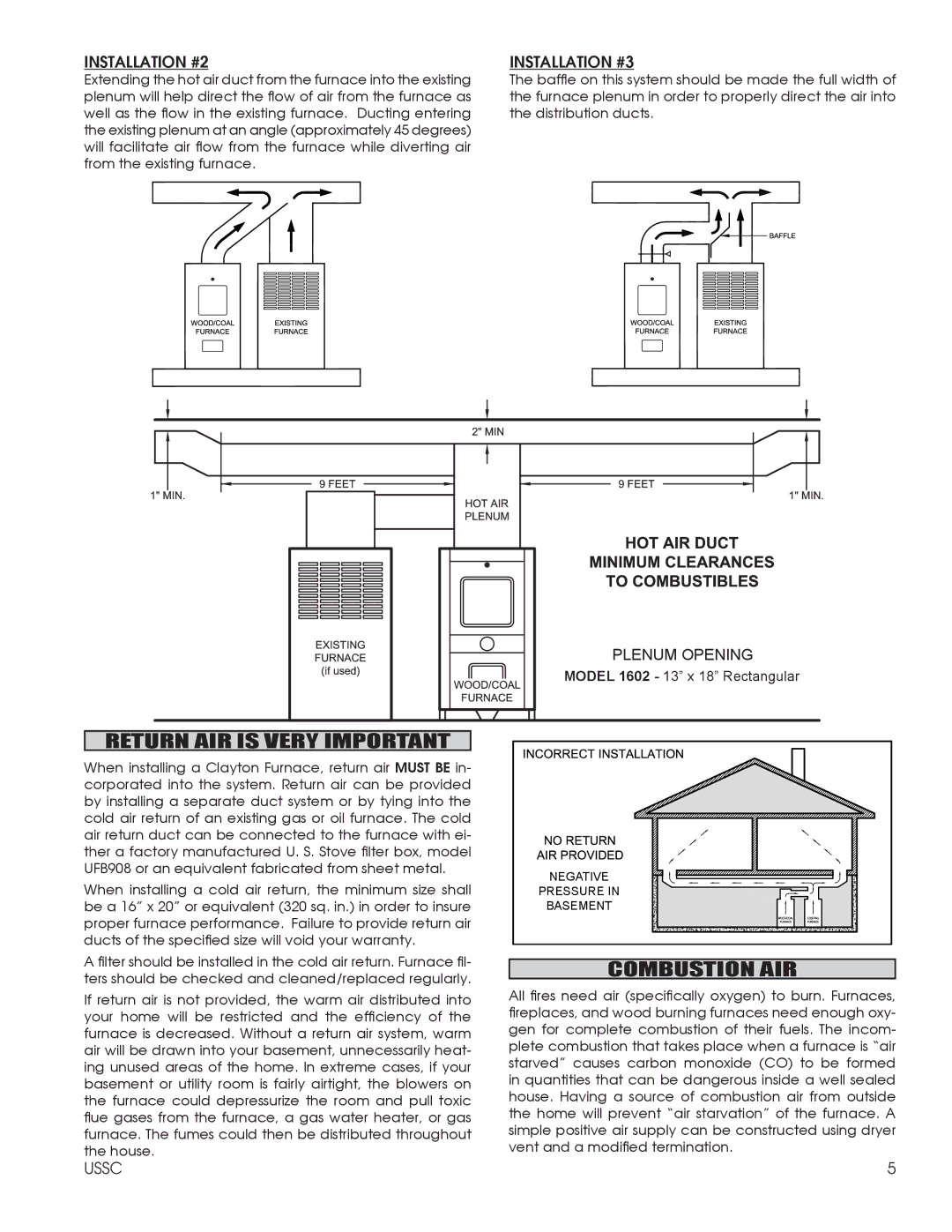 United States Stove 1602M installation instructions Return AIR is Very Important, Combustion AIR 