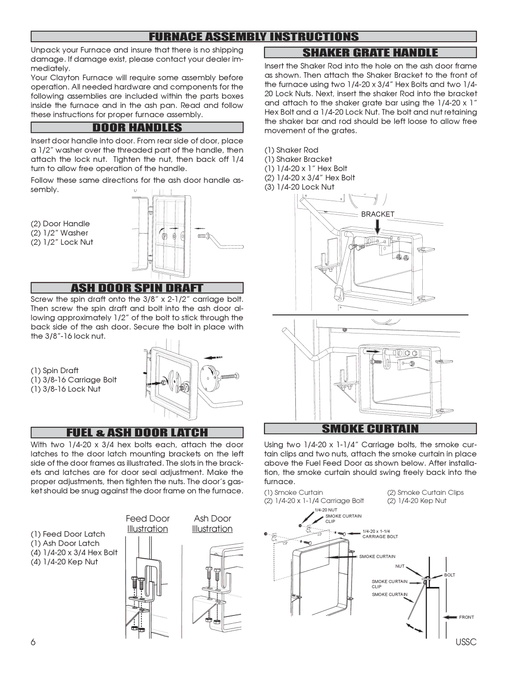 United States Stove 1602M Furnace Assembly Instructions, Shaker Grate Handle, Door Handles, ASH Door Spin Draft 