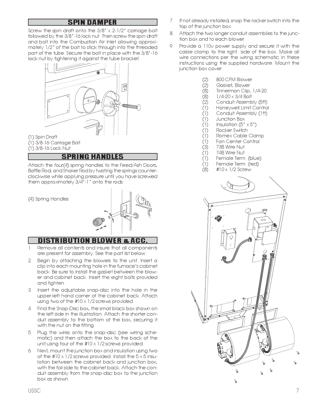 United States Stove 1602M installation instructions Spin Damper, Spring Handles, Distribution Blower & ACC 