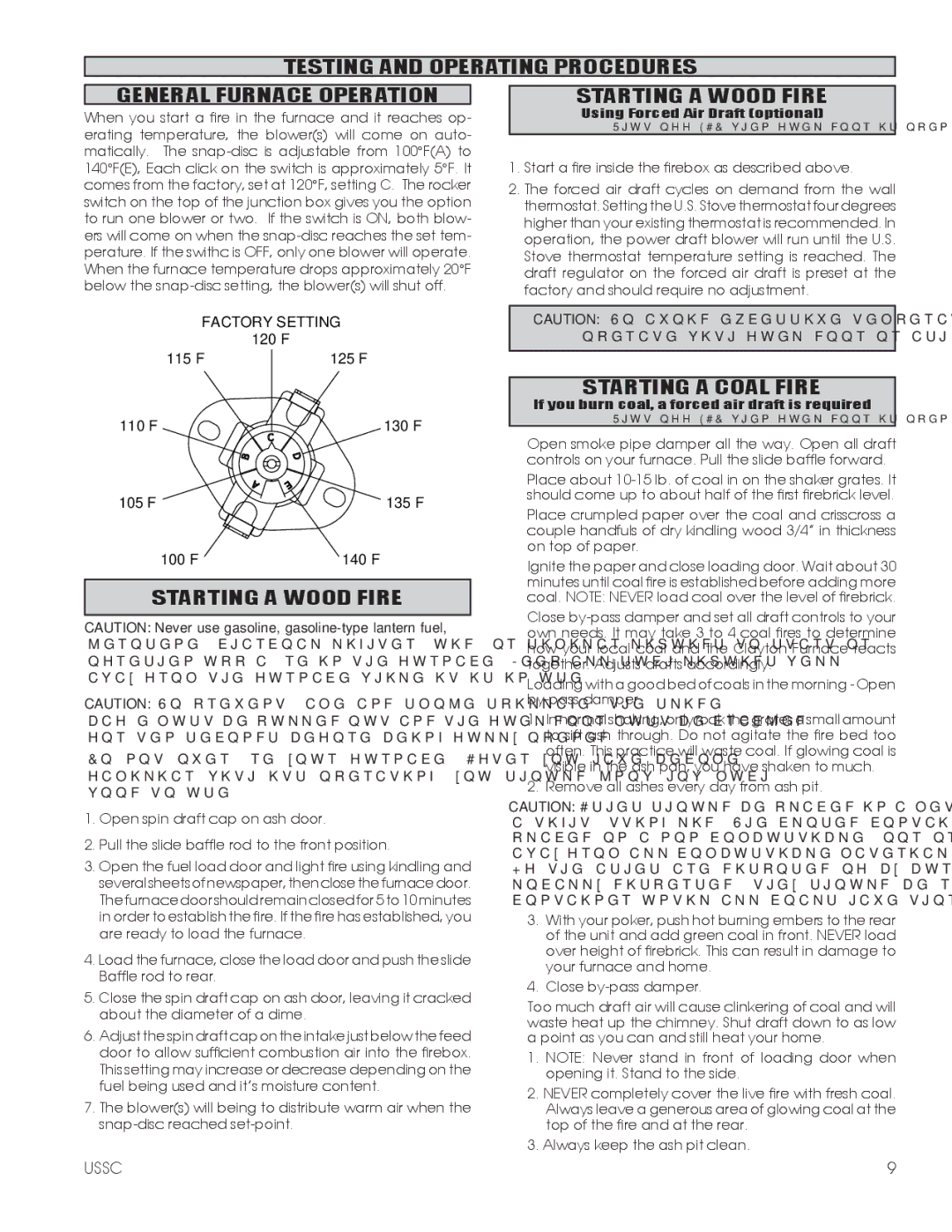 United States Stove 1602M installation instructions Starting a Coal Fire, 110F 130F 