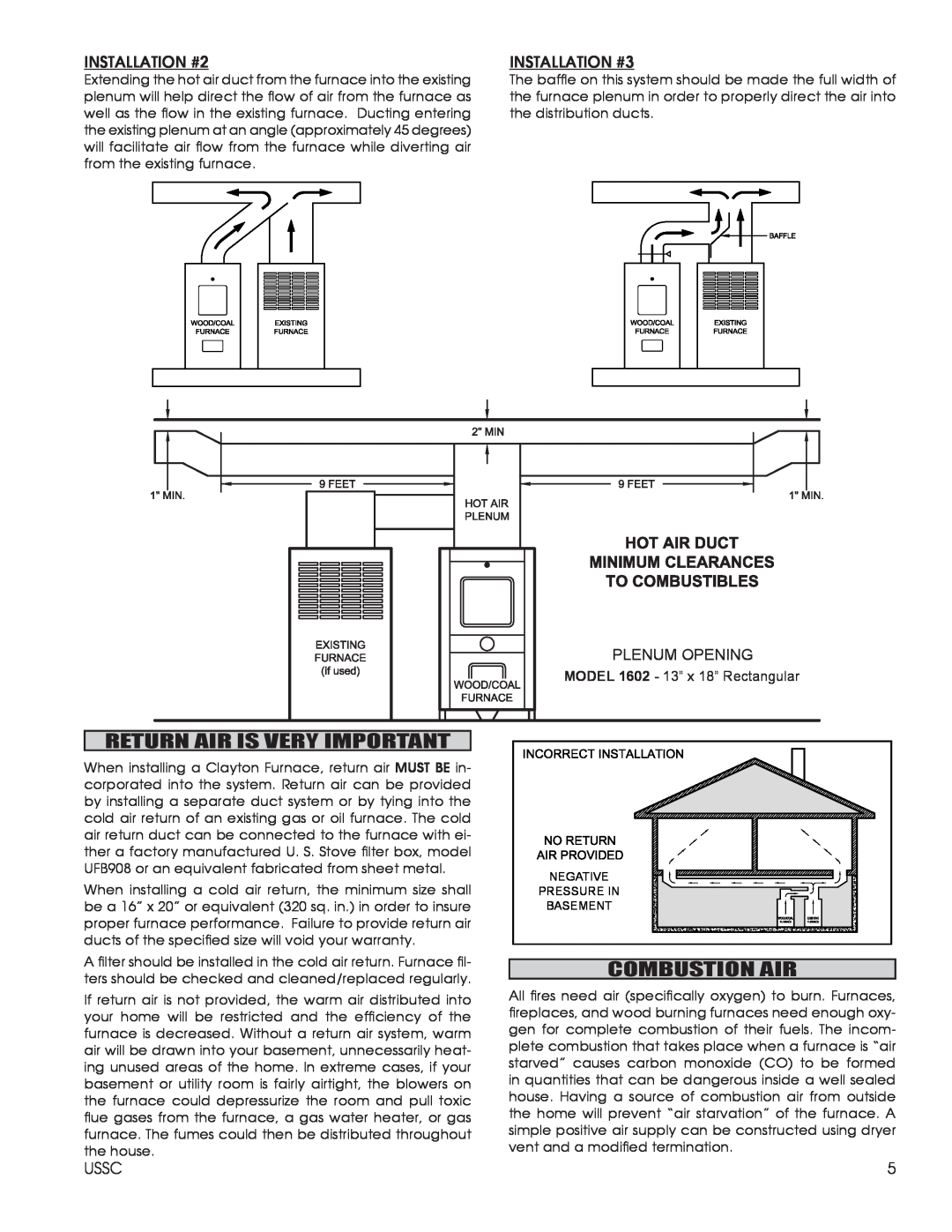 United States Stove 1602M Return Air Is Very Important, Combustion Air, INSTALLATION #2, INSTALLATION #3 