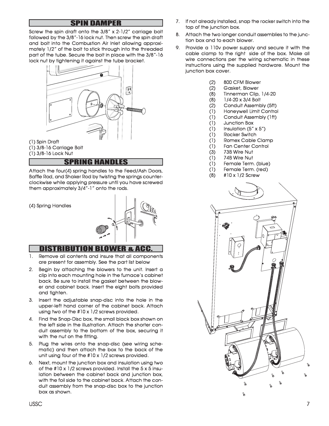 United States Stove 1602M installation instructions Spin Damper, Spring Handles, Distribution Blower & Acc, Ussc 