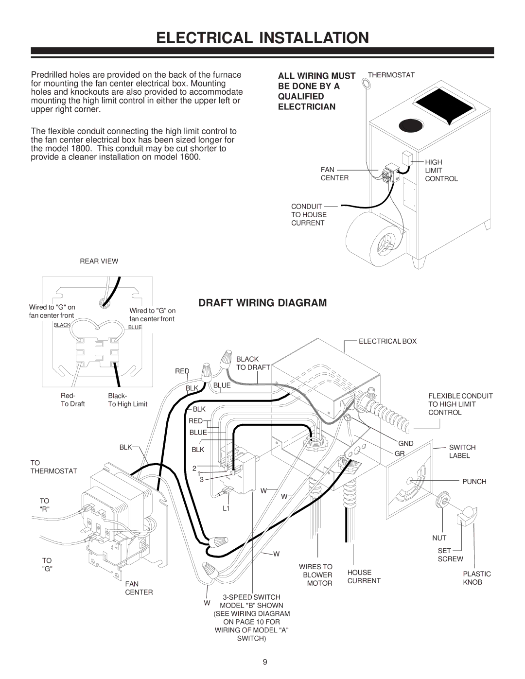 United States Stove 1600, 1800 manual Electrical Installation, Draft Wiring Diagram 