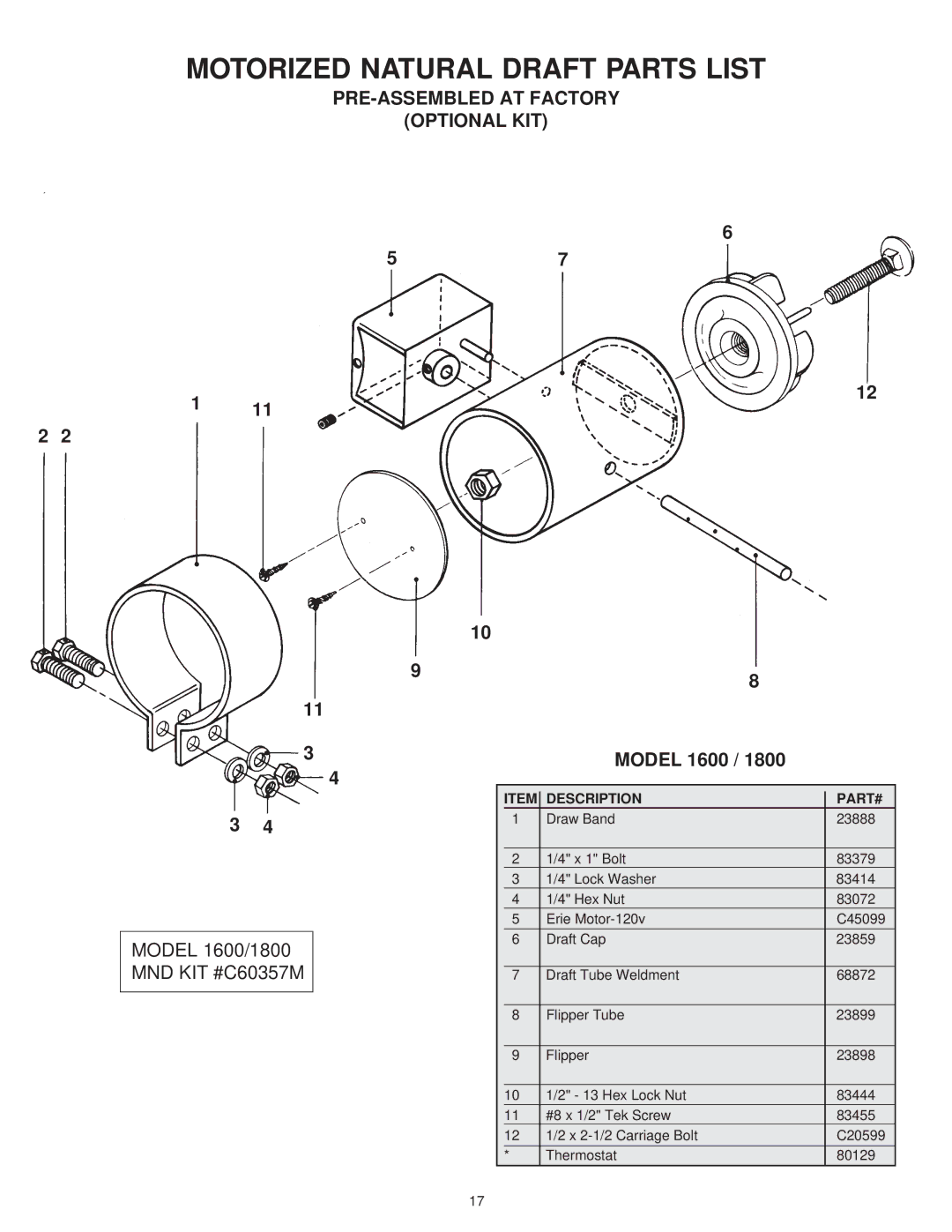 United States Stove 1600, 1800 manual Motorized Natural Draft Parts List, PRE-ASSEMBLED AT Factory Optional KIT 