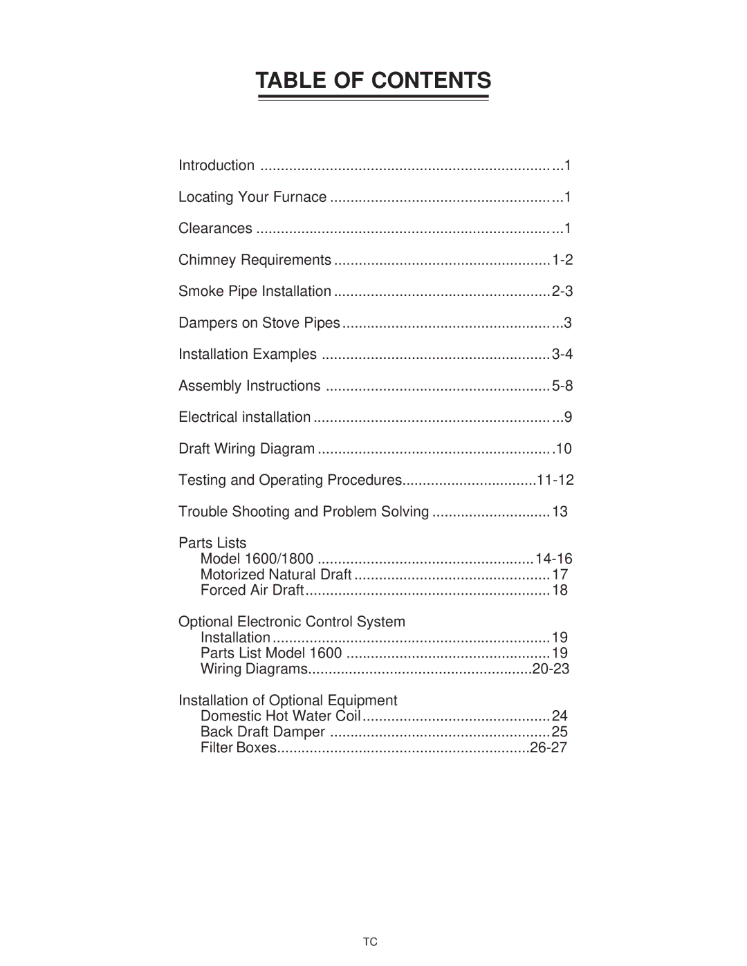 United States Stove 1800, 1600 manual Table of Contents 