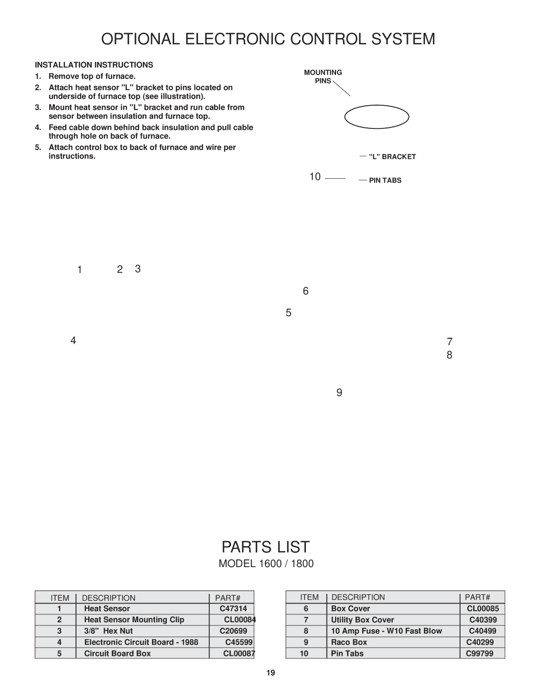 United States Stove 1600, 1800 manual Optional Electronic Control System, Installation Instructions 