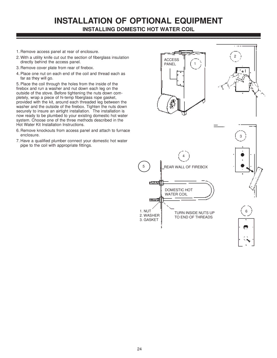 United States Stove 1800, 1600 manual Installation of Optional Equipment, Installing Domestic HOT Water Coil 