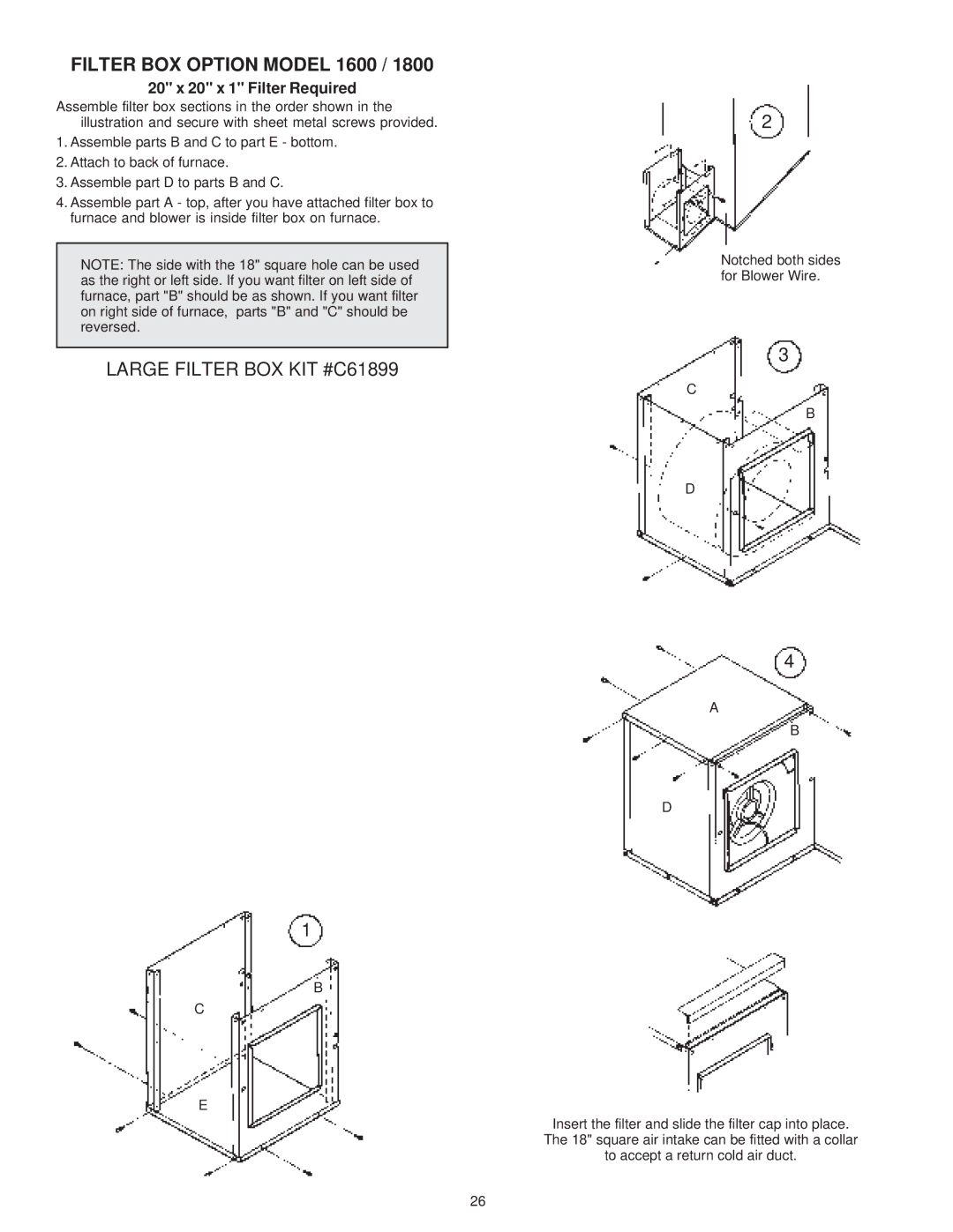 United States Stove 1800 manual Filter BOX Option Model 1600, 20 x 20 x 1 Filter Required 