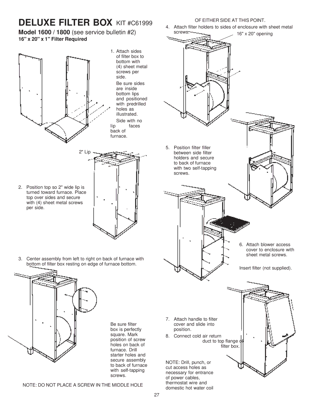 United States Stove 1600, 1800 manual Deluxe Filter BOX KIT #C61999, Either Side AT this Point 