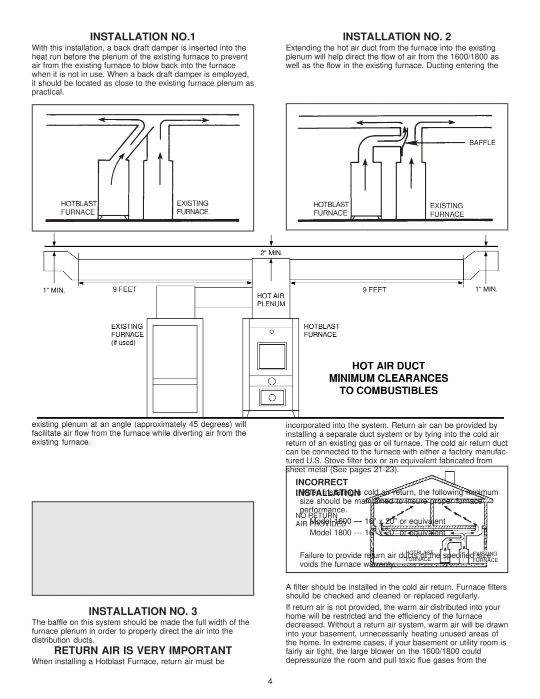 United States Stove 1800, 1600 manual Installation NO.1 Installation no, Return AIR is Very Important 