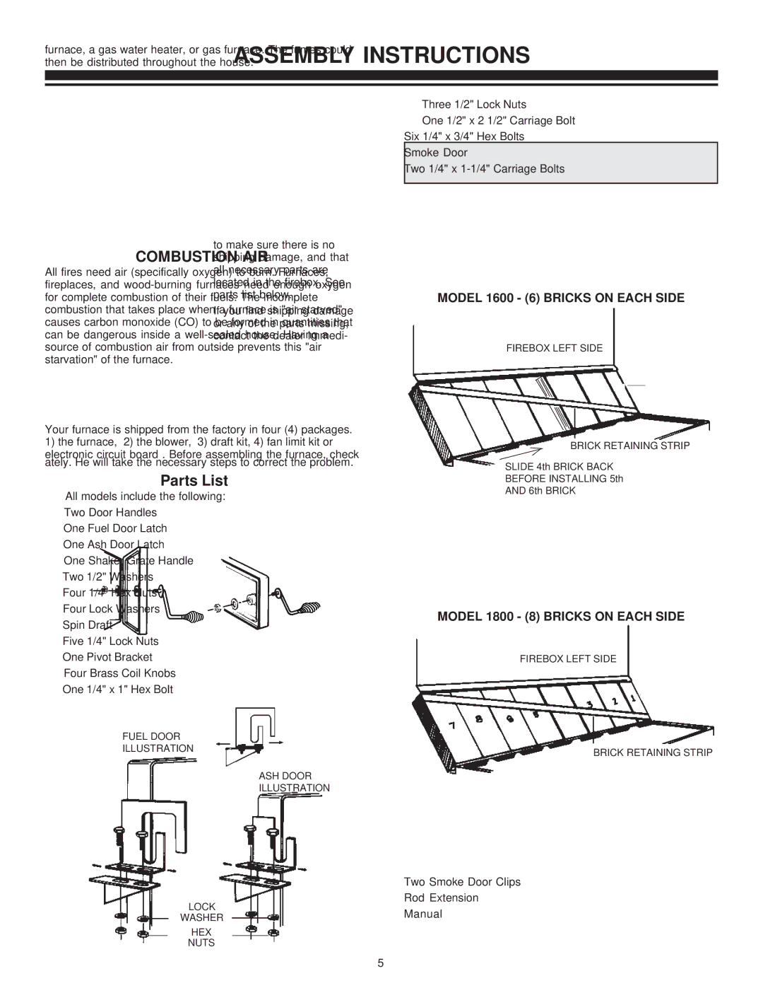 United States Stove 1800 manual Parts List, Model 1600 6 Bricks on Each Side 