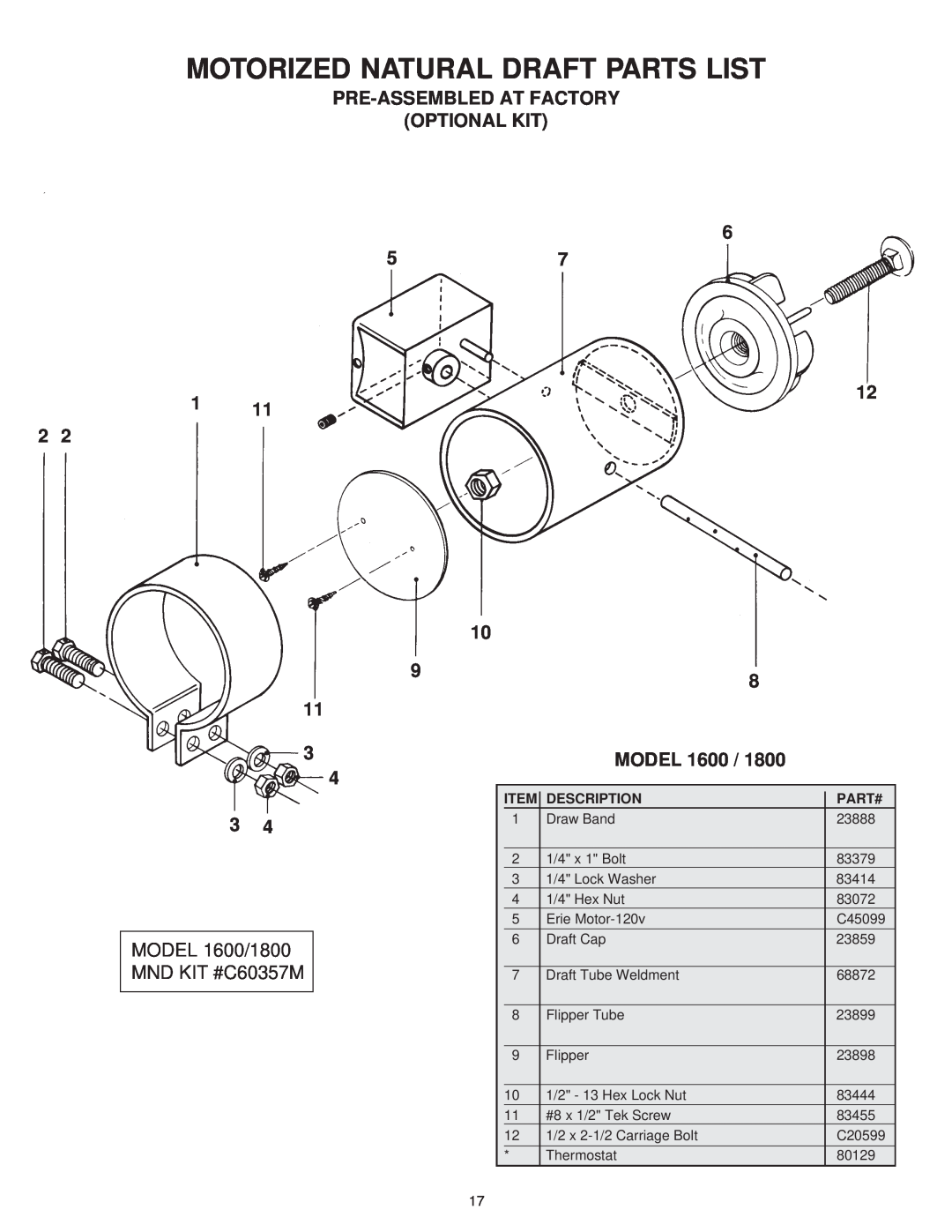 United States Stove 1600, 1800 manual Motorized Natural Draft Parts List, Pre-Assembledat Factory Optional Kit, Model 