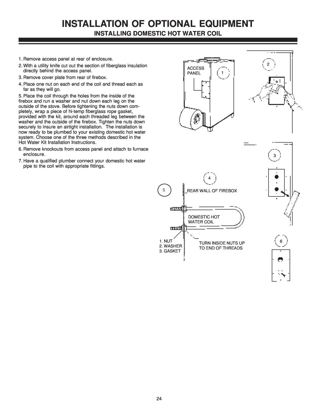 United States Stove 1800, 1600 manual Installation Of Optional Equipment, Installing Domestic Hot Water Coil 