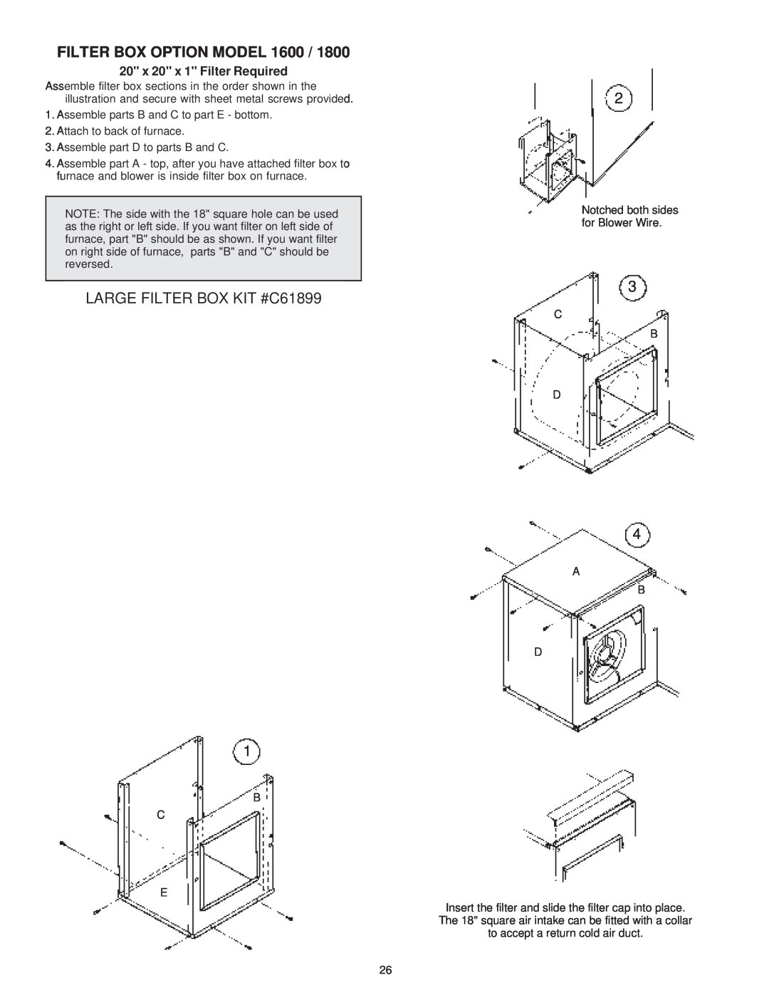 United States Stove 1800, 1600 manual Filter Box Option Model, LARGE FILTER BOX KIT #C61899 