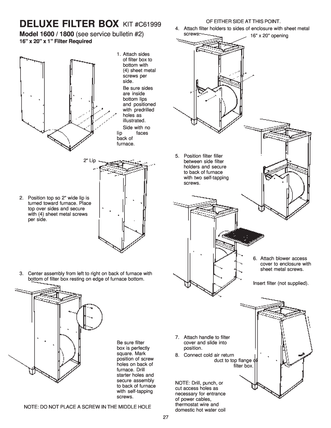 United States Stove manual DELUXE FILTER BOX KIT #C61999, Model 1600 / 1800 see service bulletin #2 
