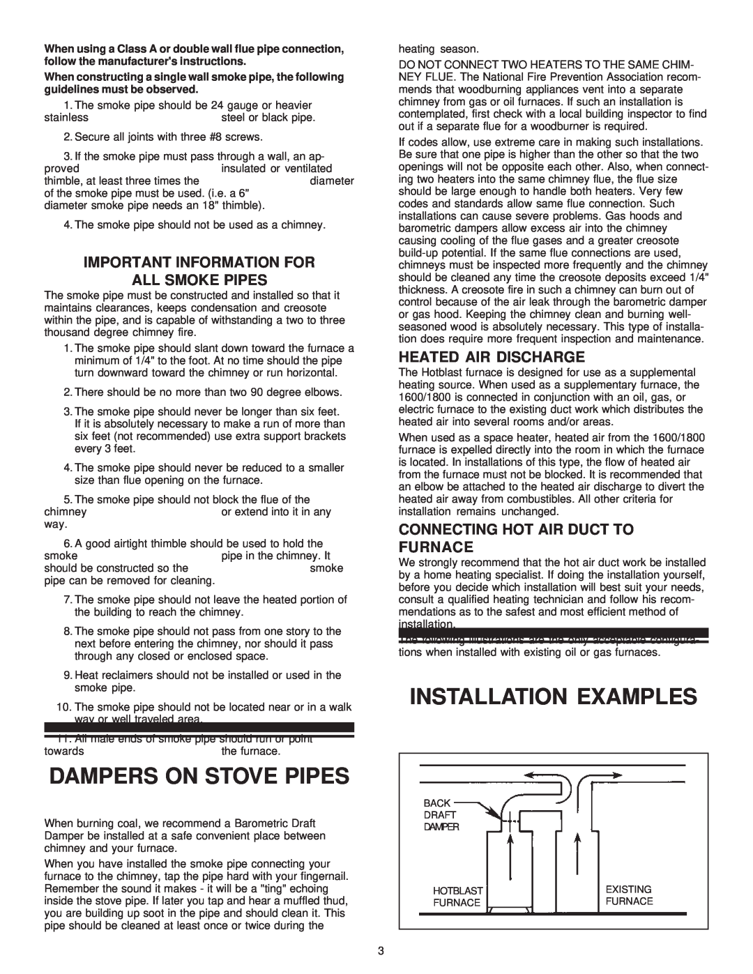 United States Stove 1600, 1800 Dampers On Stove Pipes, Installation Examples, Important Information For All Smoke Pipes 