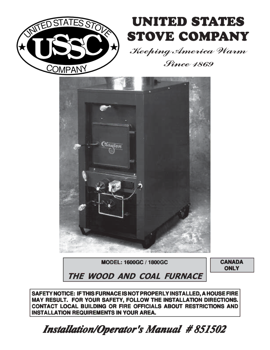 United States Stove manual Model 1600GC / 1800GC, Canada Only 