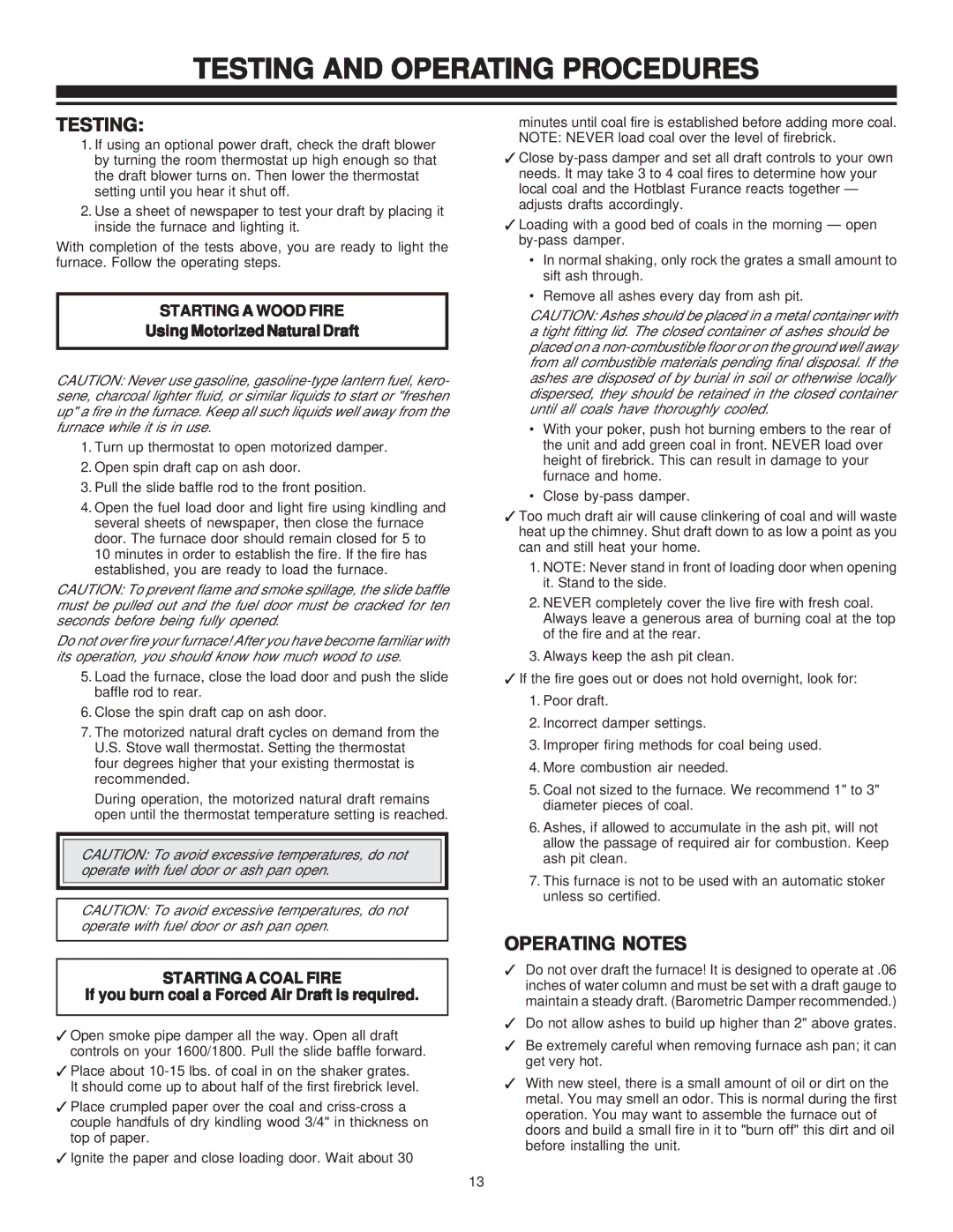 United States Stove 1800GC manual Testing and Operating Procedures, Operating Notes 