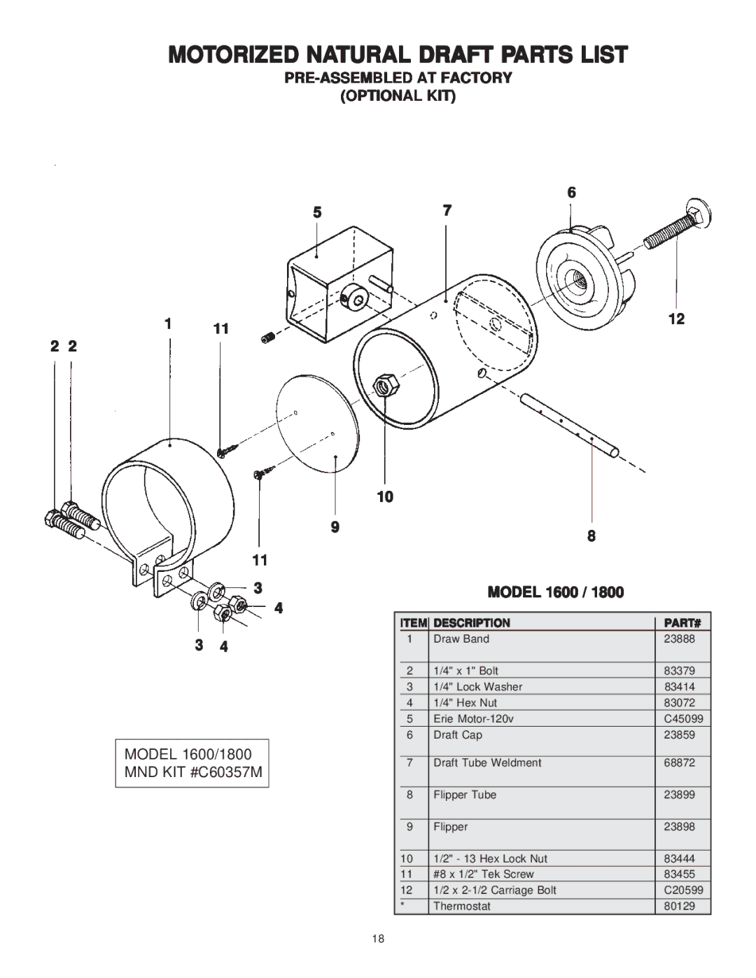 United States Stove 1800GC manual Motorized Natural Draft Parts List, PRE-ASSEMBLED AT Factory Optional KIT, Model 1600 