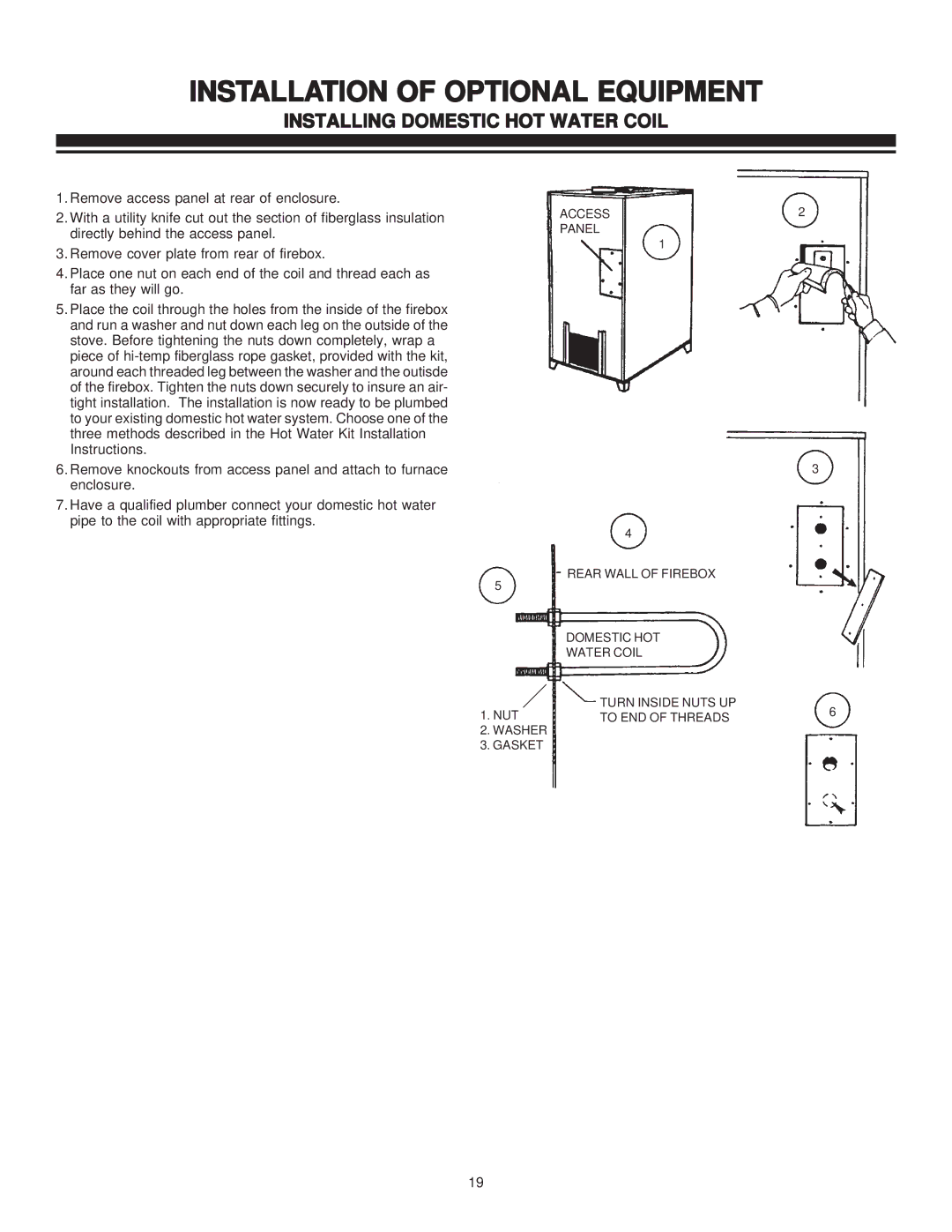 United States Stove 1800GC manual Installation of Optional Equipment, Installing Domestic HOT Water Coil 