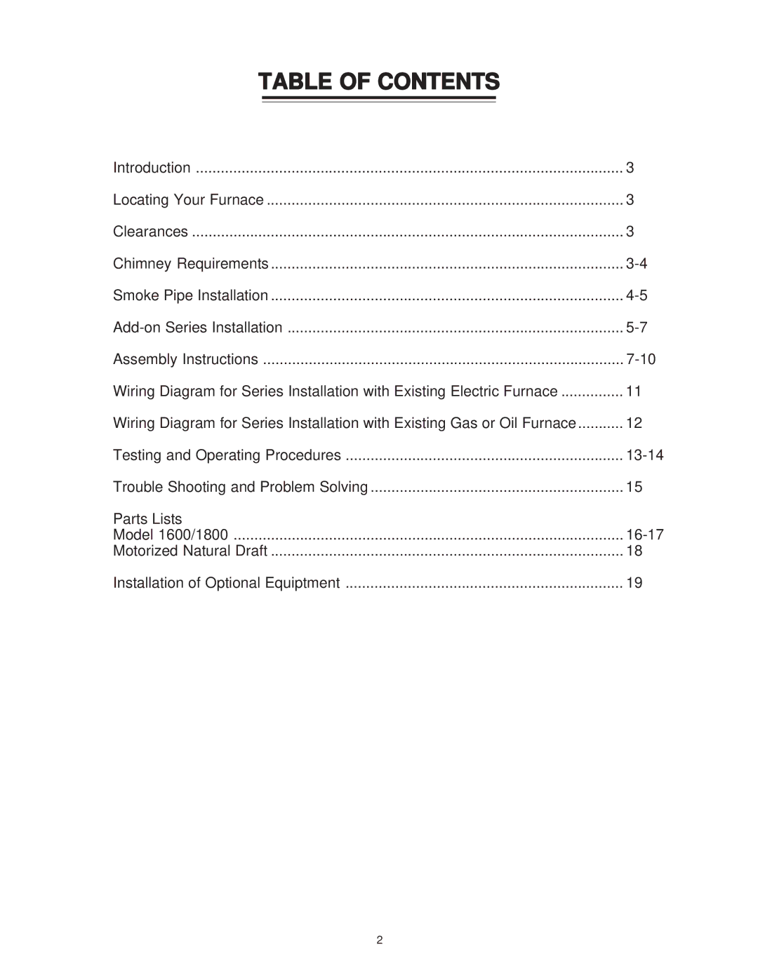 United States Stove 1800GC manual Table of Contents 