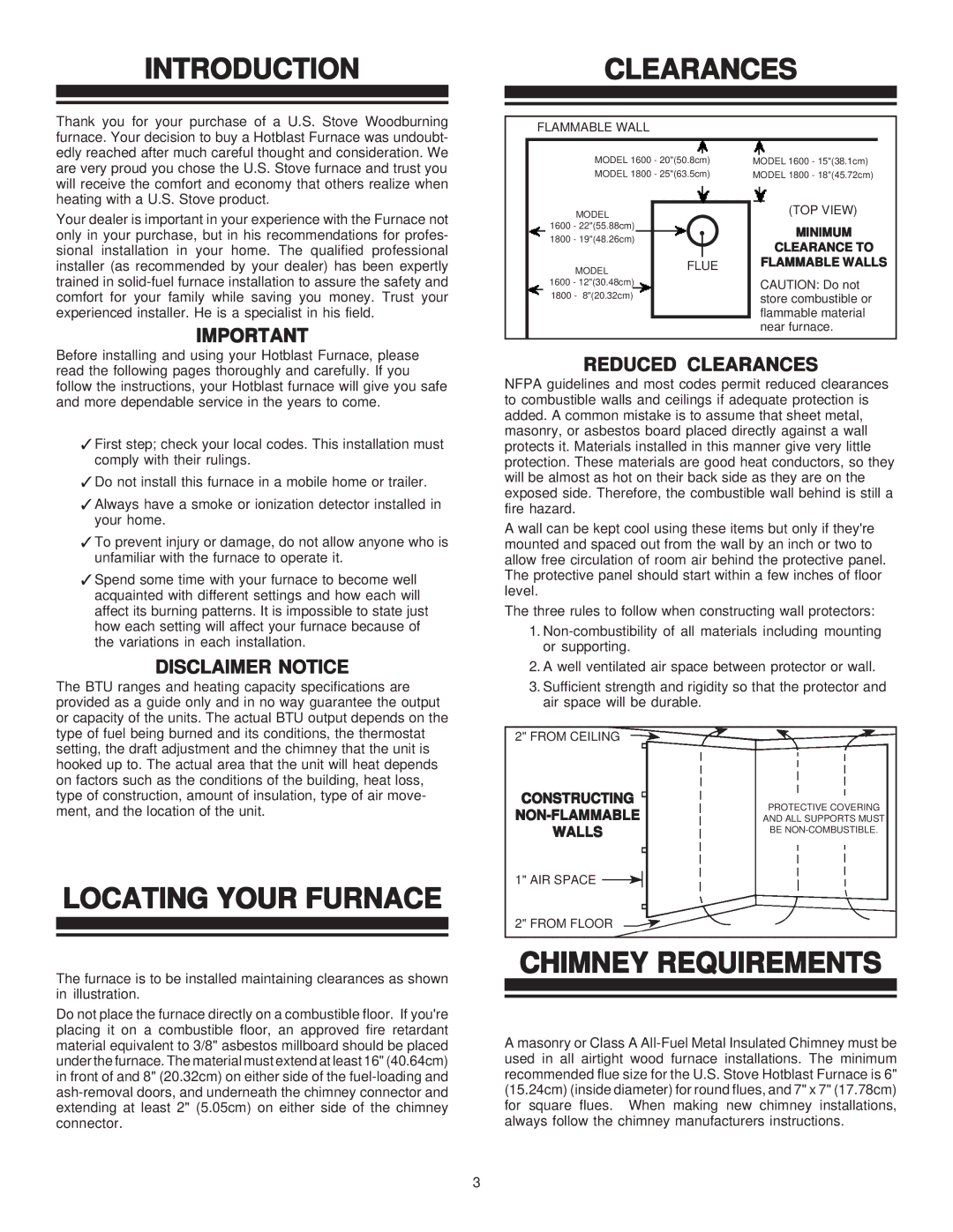 United States Stove 1800GC manual Introduction, Clearances, Locating Your Furnace, Chimney Requirements 