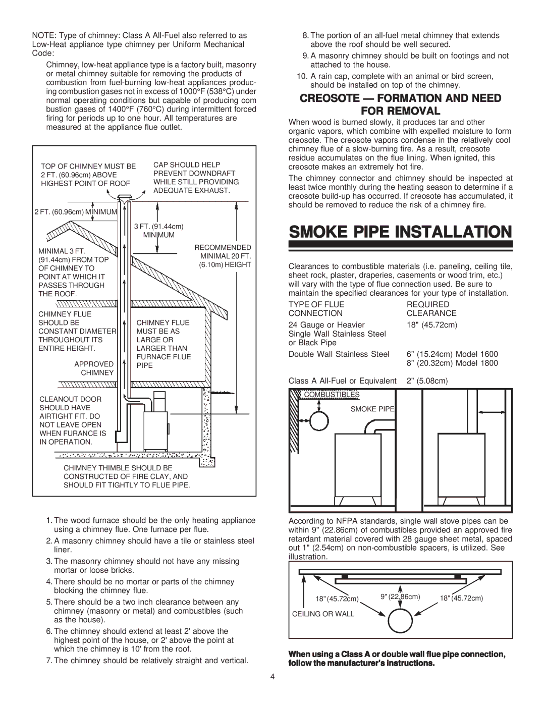 United States Stove 1800GC manual Smoke Pipe Installation, Creosote Formation and Need For Removal 