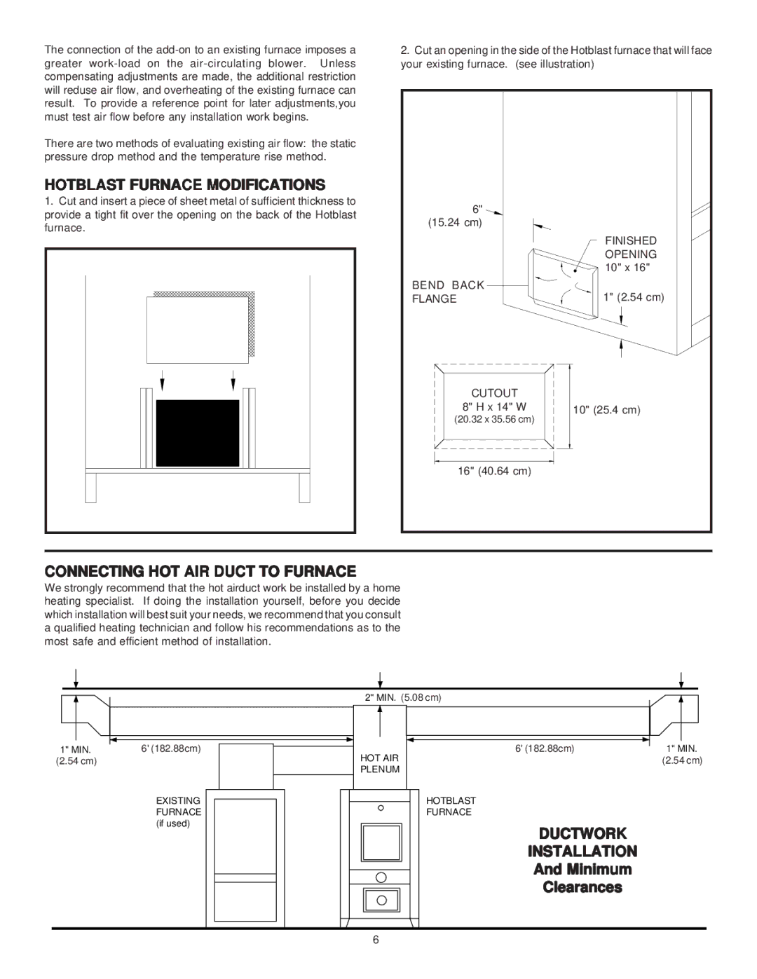 United States Stove 1800GC manual Hotblast Furnace Modifications, Connecting HOT AIR Duct to Furnace, Minimum, Clearances 