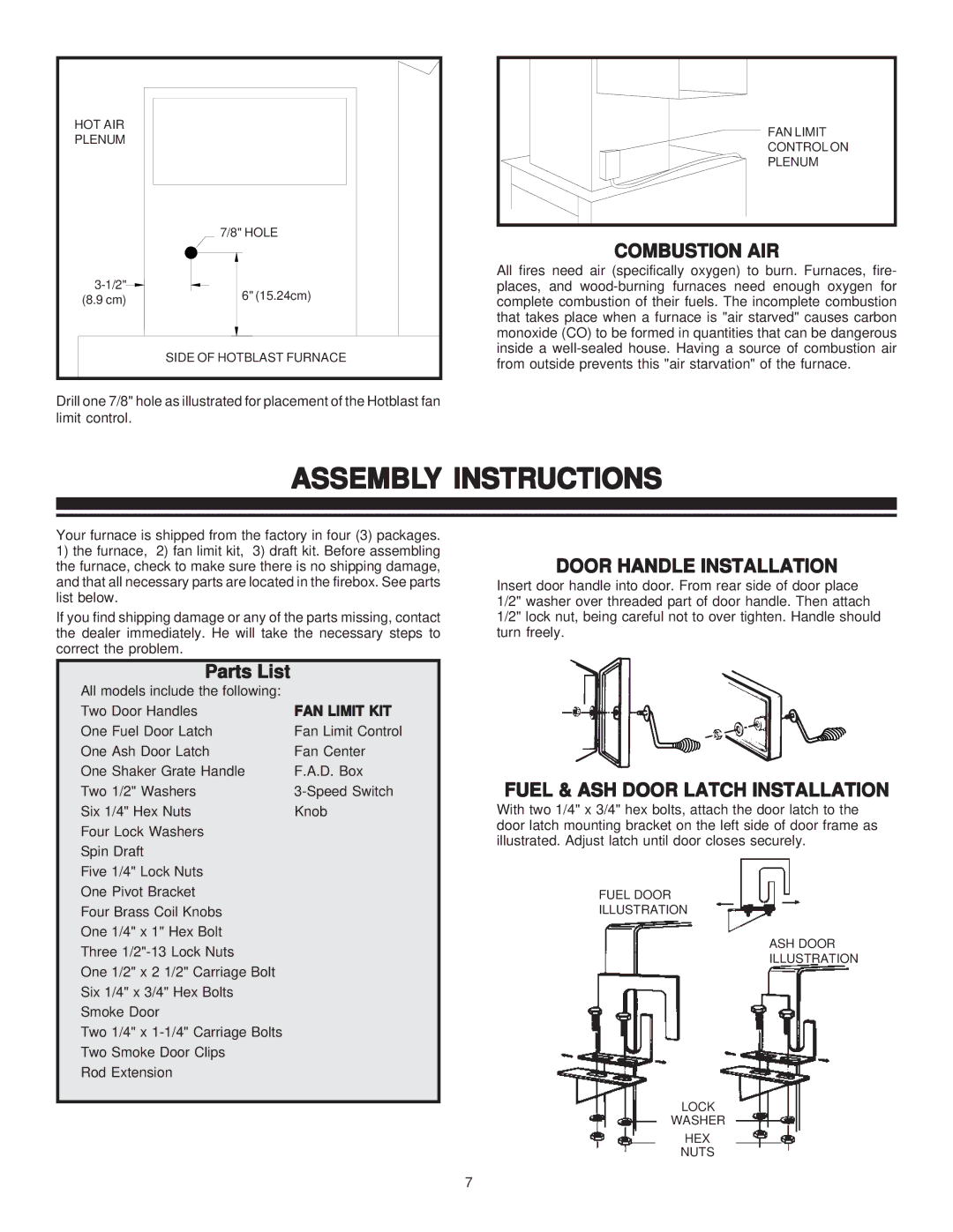 United States Stove 1800GC manual Assembly Instructions, Combustion AIR, Parts List, Door Handle Installation 