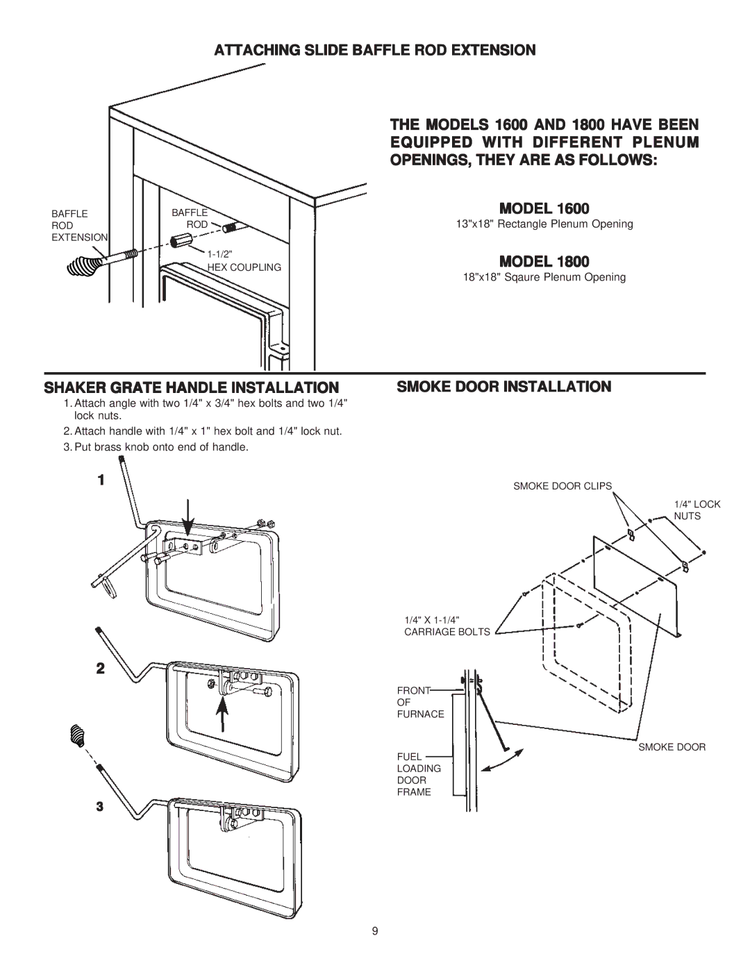 United States Stove 1800GC manual Attaching Slide Baffle ROD Extension, Model, Shaker Grate Handle Installation 