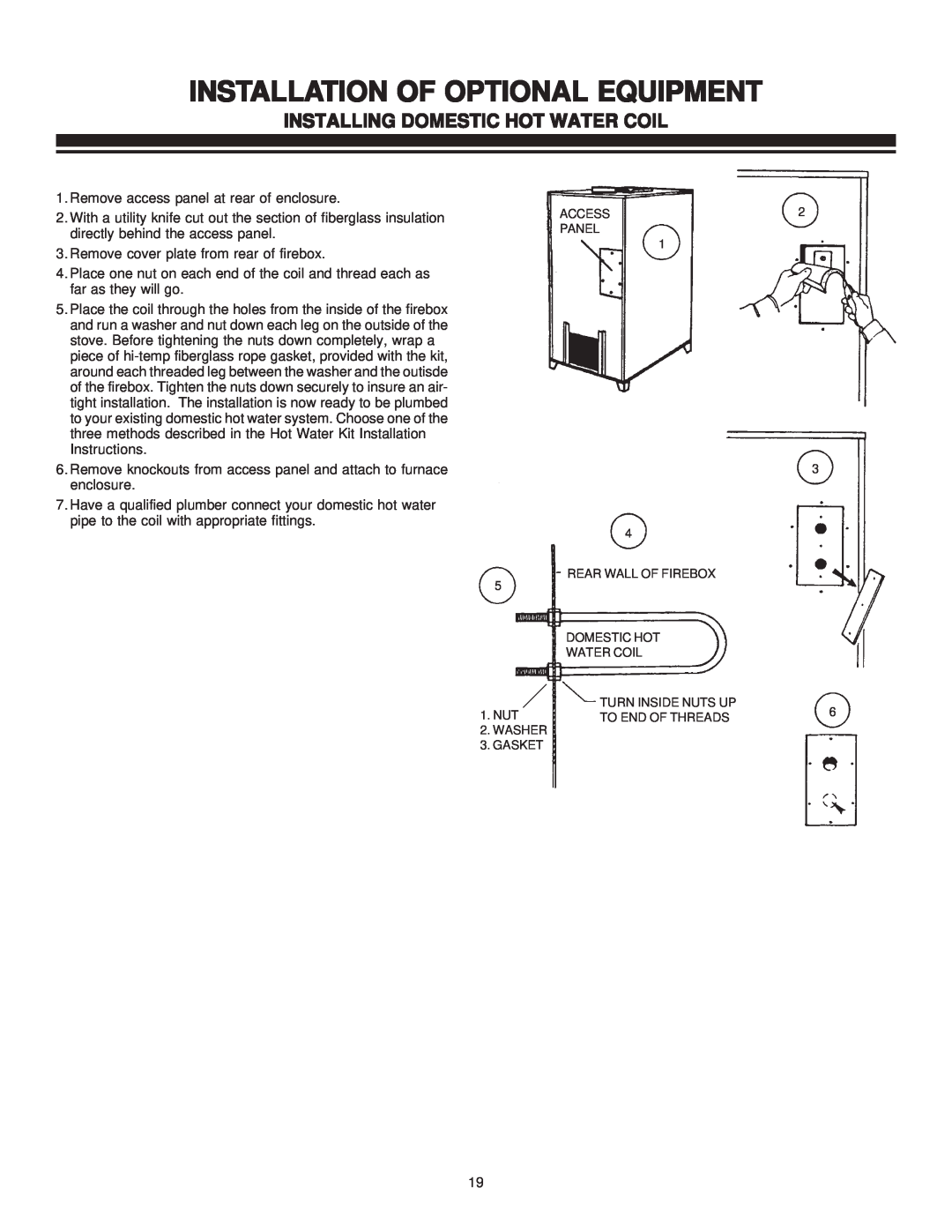 United States Stove 1800GC manual Installation Of Optional Equipment, Installing Domestic Hot Water Coil 