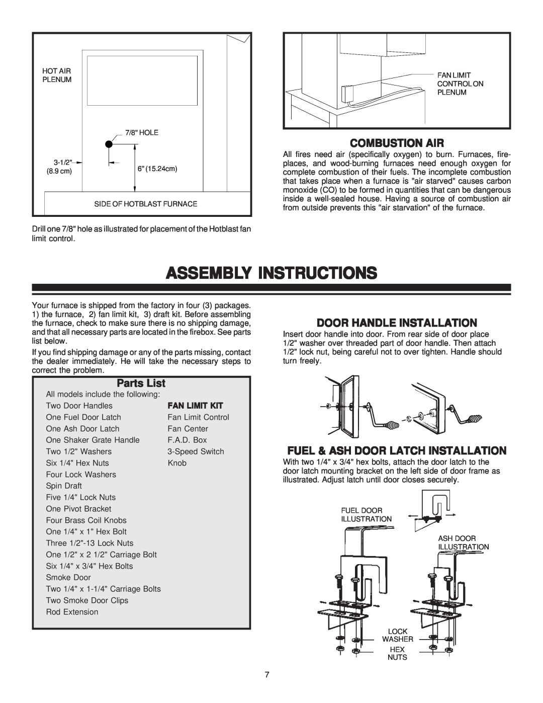 United States Stove 1800GC Assembly Instructions, Combustion Air, Parts List, Door Handle Installation, Fan Limit Kit 
