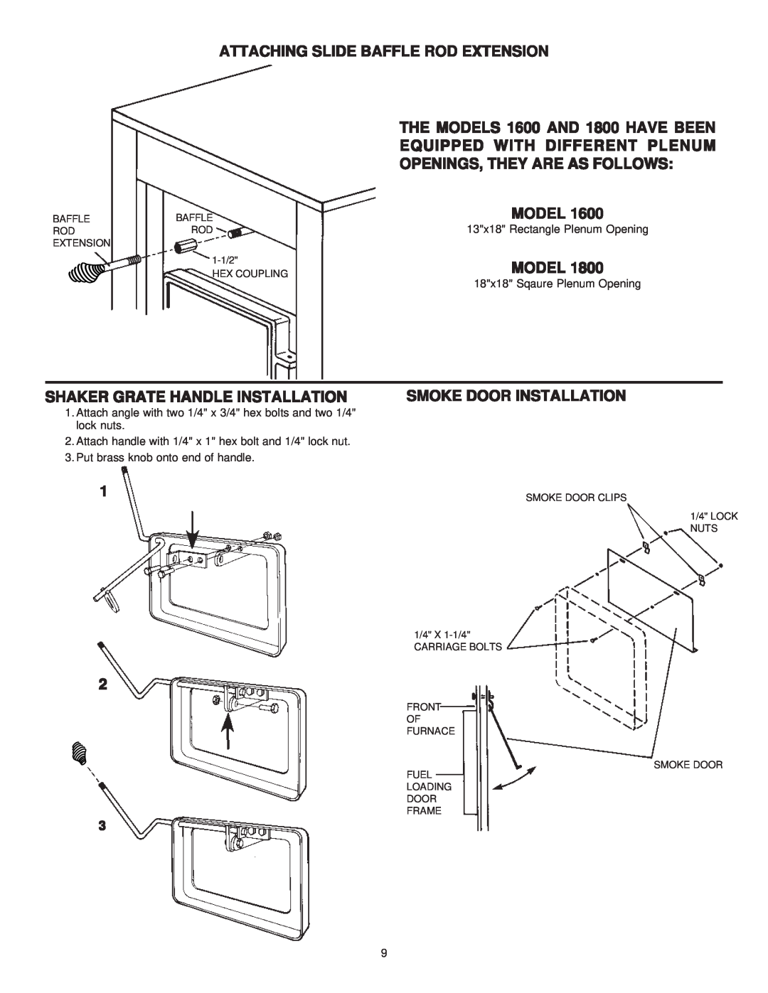 United States Stove 1800GC manual Attaching Slide Baffle Rod Extension, Model, Shaker Grate Handle Installation 