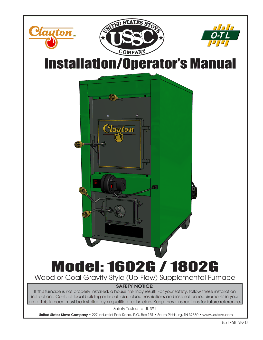 United States Stove 1602G, 1802G installation instructions Ussc 