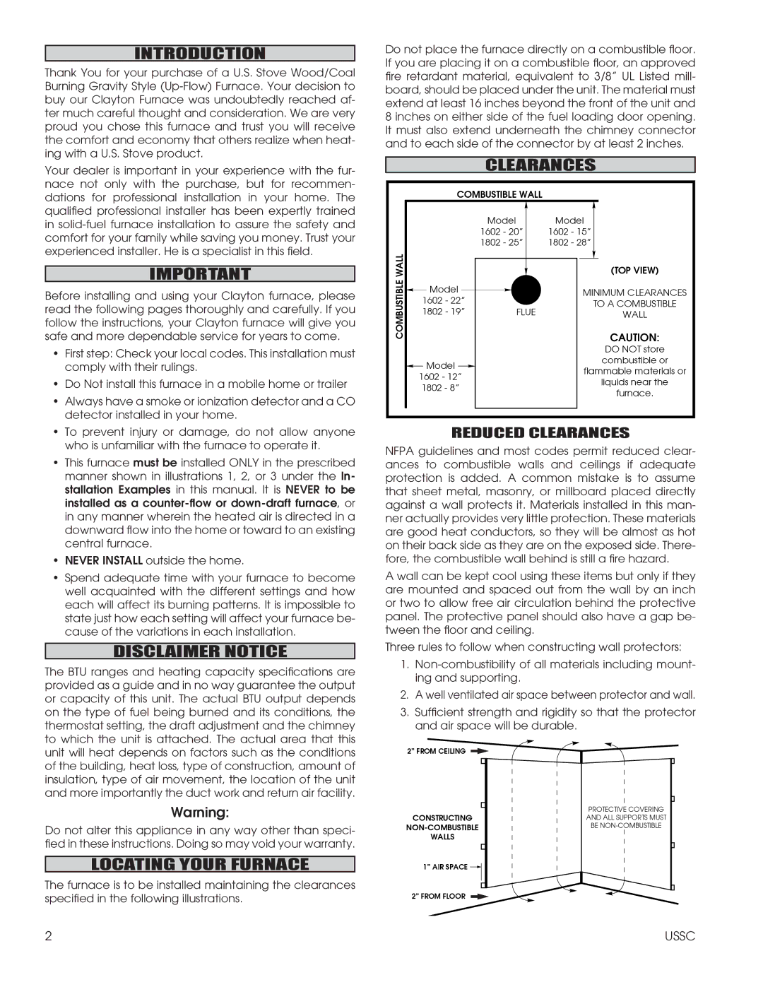 United States Stove 1802G, 1602G Introduction, Disclaimer Notice, Clearances, Locating Your Furnace 