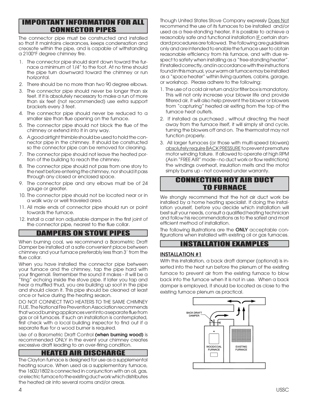 United States Stove 1802G Important Information for ALL Connector Pipes, Dampers on Stove Pipes, Heated AIR Discharge 