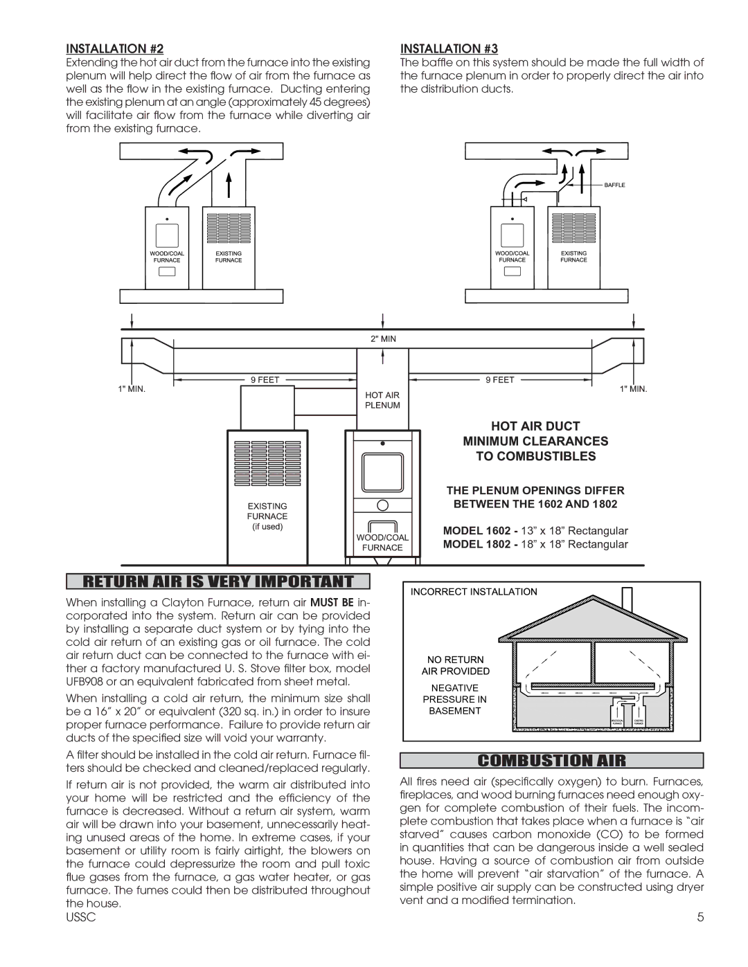 United States Stove 1602G, 1802G installation instructions Return AIR is Very Important, Combustion AIR 