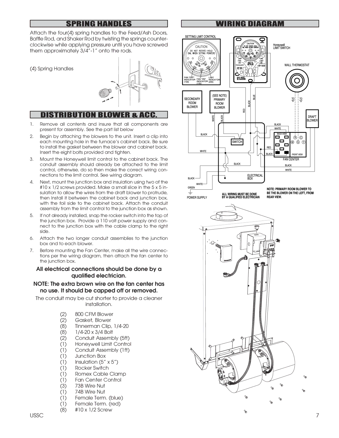 United States Stove 1602G, 1802G installation instructions Spring Handles, Distribution Blower & ACC, Wiring Diagram 