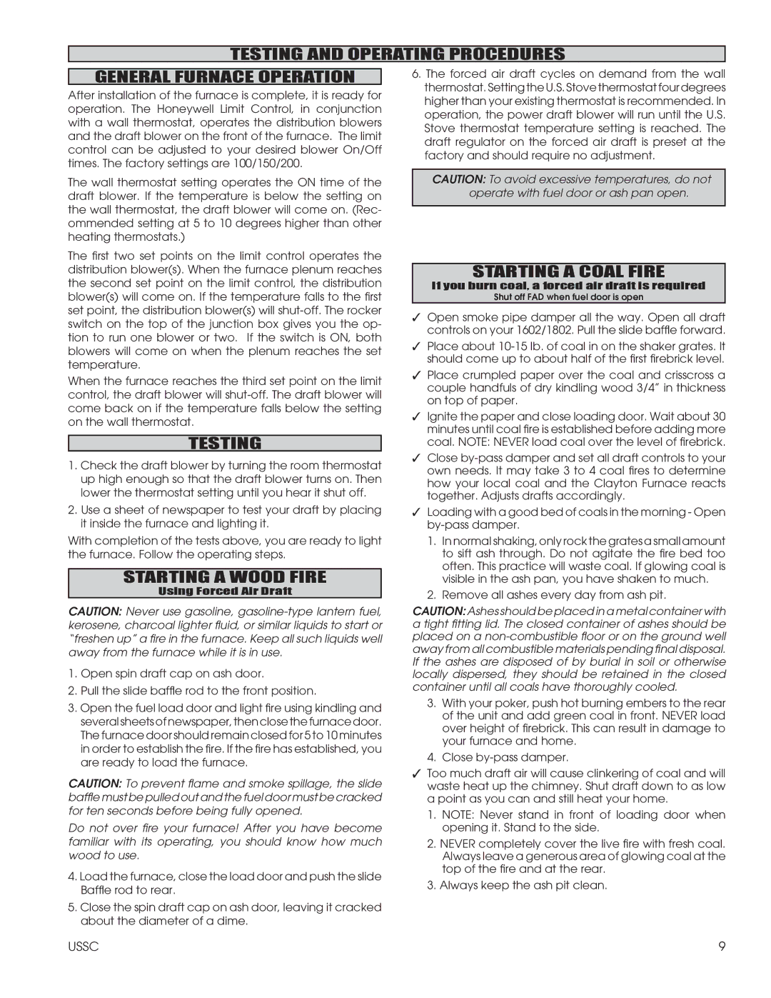 United States Stove 1602G, 1802G Testing and Operating Procedures General Furnace Operation, Starting a Coal Fire 