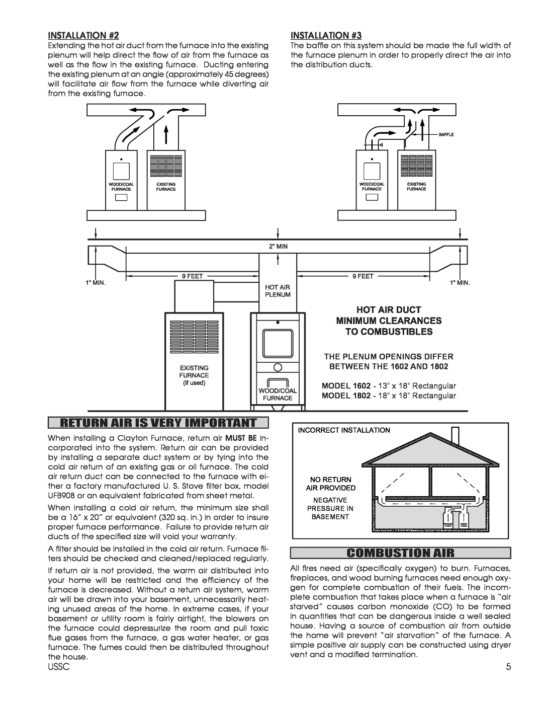 United States Stove 1602G, 1802G Return Air Is Very Important, Combustion Air, INSTALLATION #2, INSTALLATION #3 