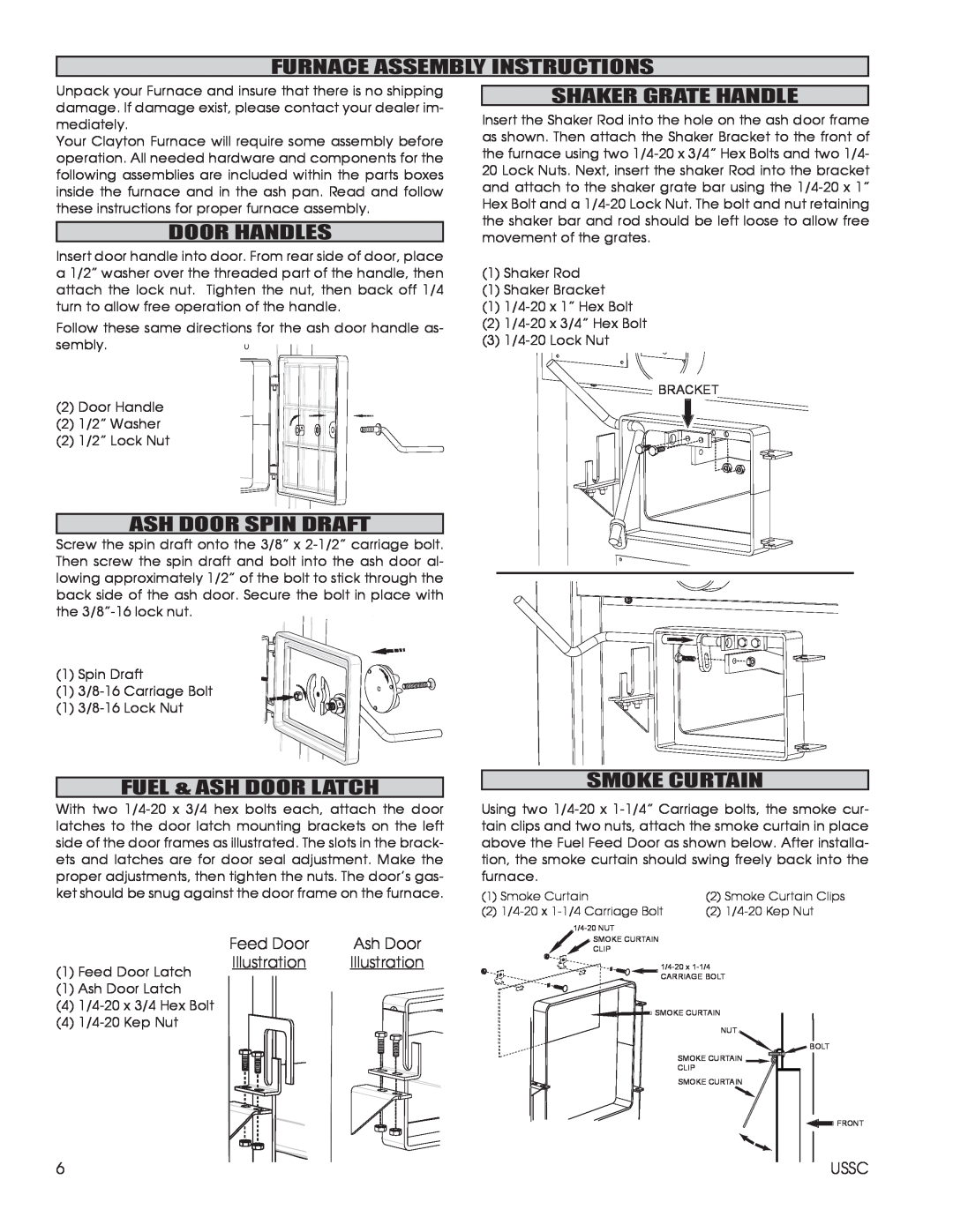 United States Stove 1802G, 1602G Furnace Assembly Instructions, Shaker Grate Handle, Door Handles, Ash Door Spin Draft 