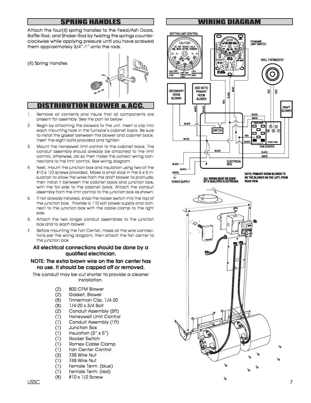 United States Stove 1602G, 1802G Spring Handles, Distribution Blower & Acc, Wiring Diagram, qualified electrician 