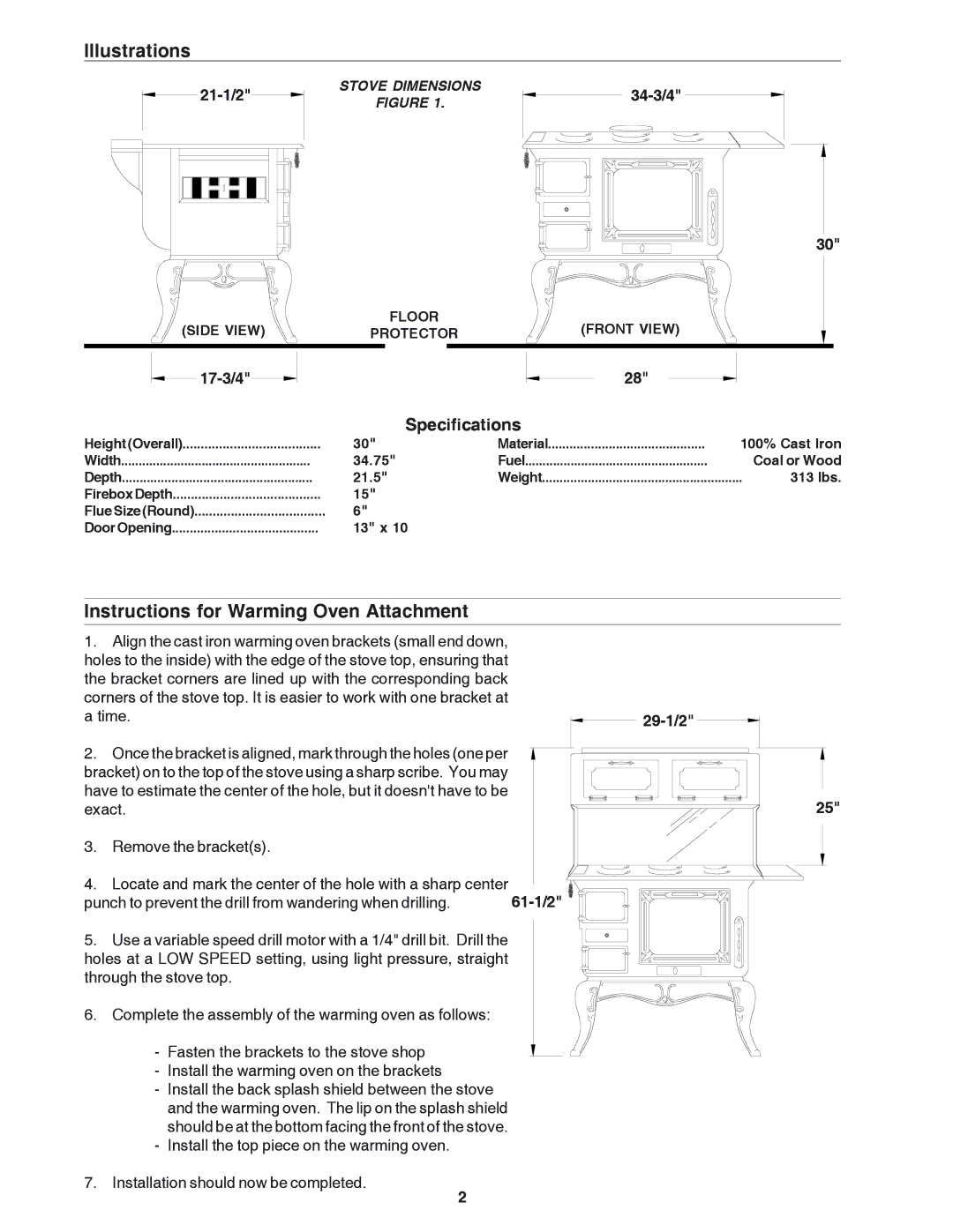 United States Stove 1864 owner manual Illustrations, Side View Floor Front View Protector 