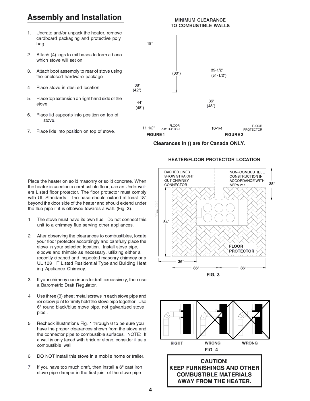 United States Stove 1864 owner manual Minimum Clearance To Combustible Walls, HEATER/FLOOR Protector Location 